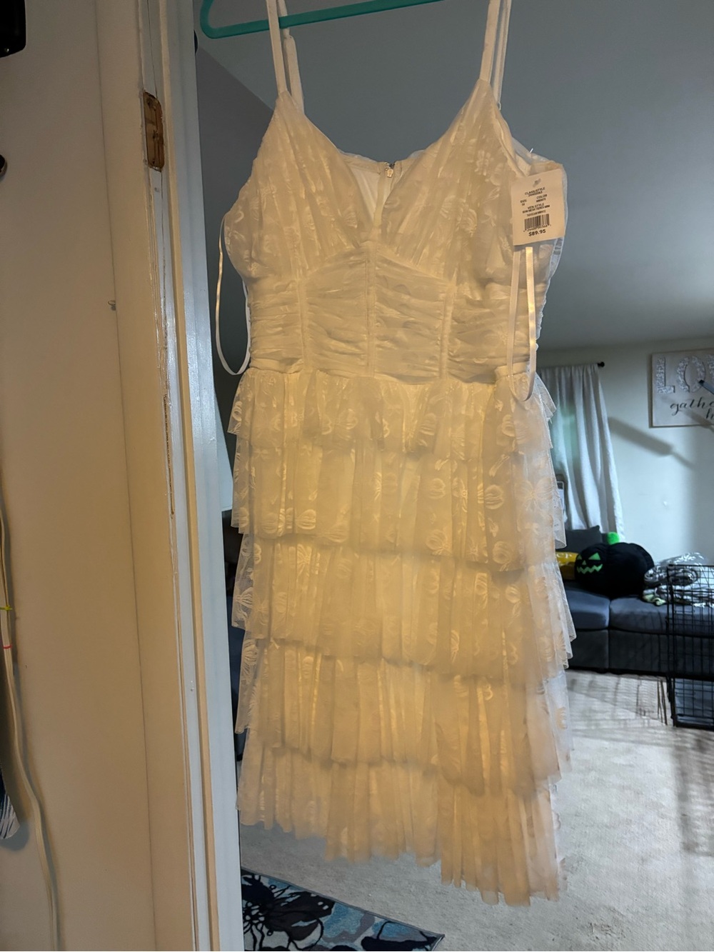 David's Bridal White Tiered Lace Spaghetti Strap Dress